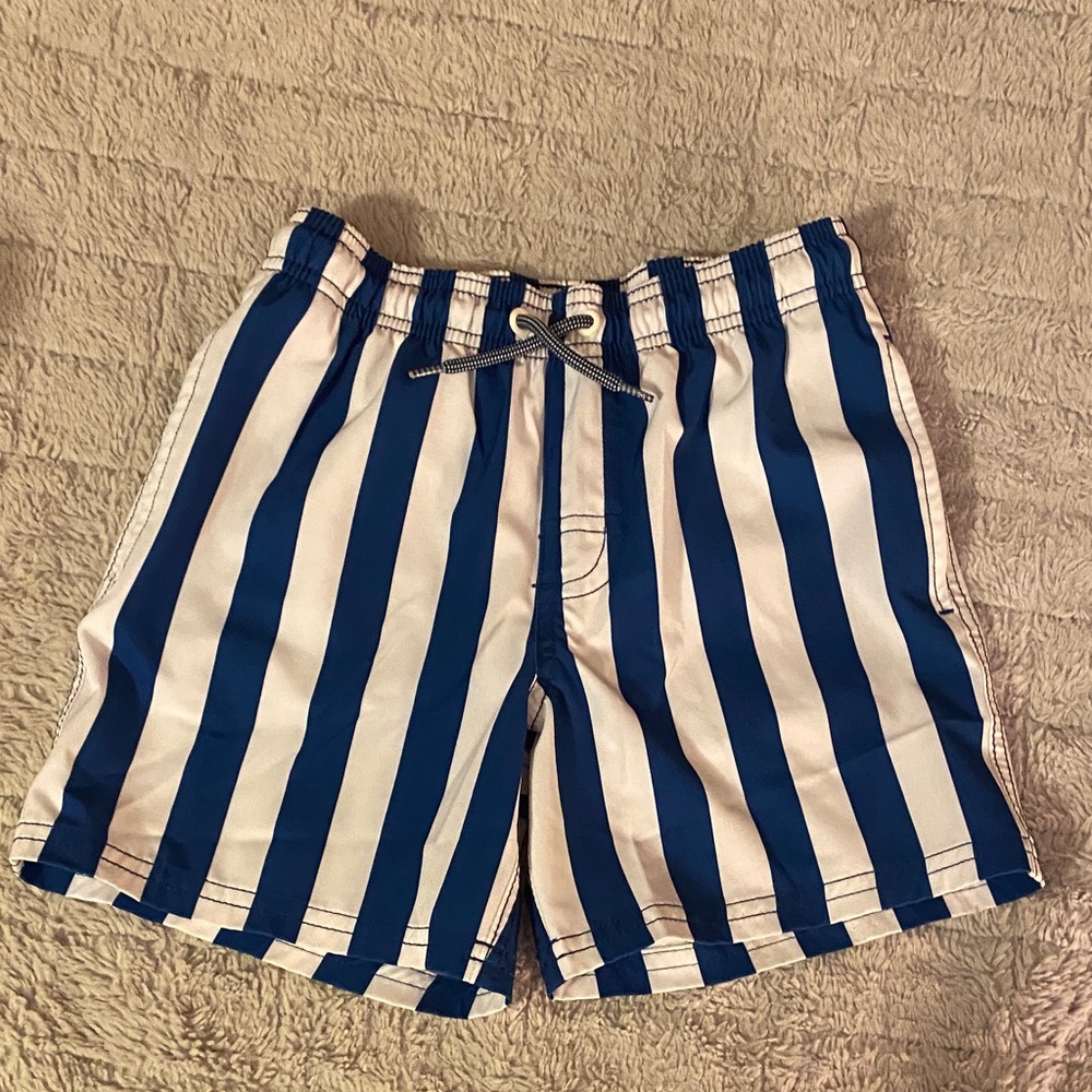 White and blue striped swim trunks
